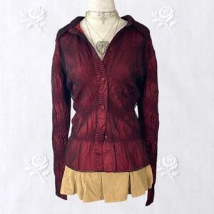Whimsygoth Romantic Burgundy Black Crinkle Frilly Ruffle Button Up Mesh Blouse L